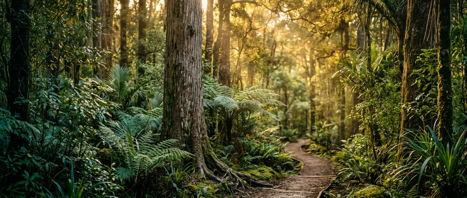 Native New Zealand forest at golden hour - Redwood Journal