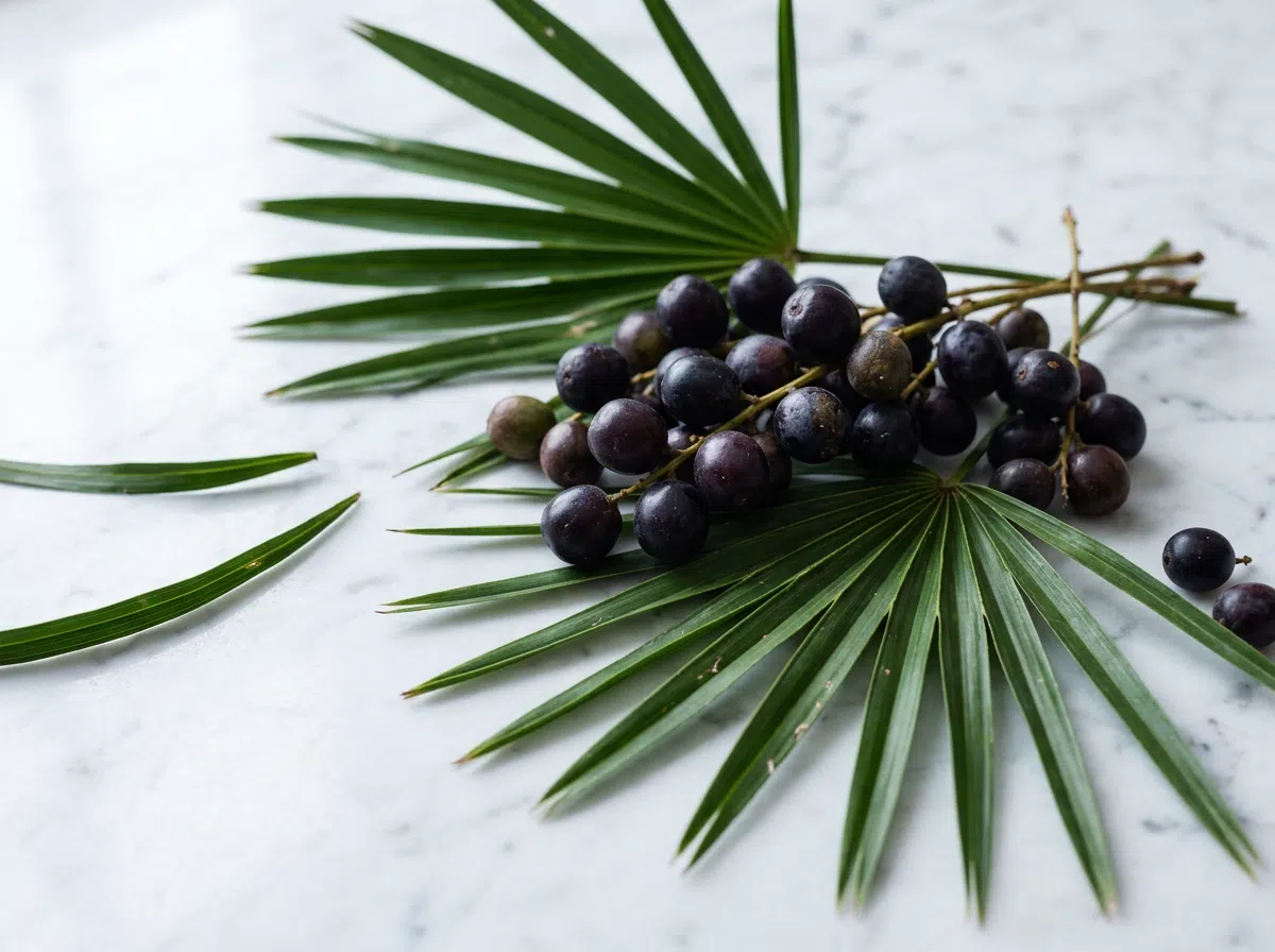 Fresh saw palmetto berries and palm fronds - key Hardero ingredient for men's urinary comfort