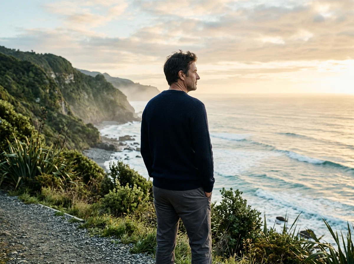 Active man over 50 on a New Zealand coastal walking trail at sunrise