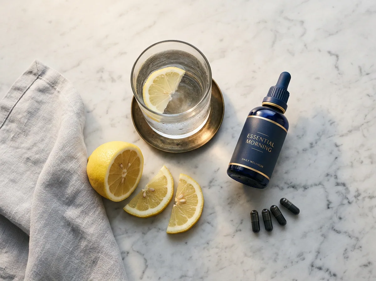 Morning wellness routine with Hardero supplement bottle, glass of water and lemon on marble surface